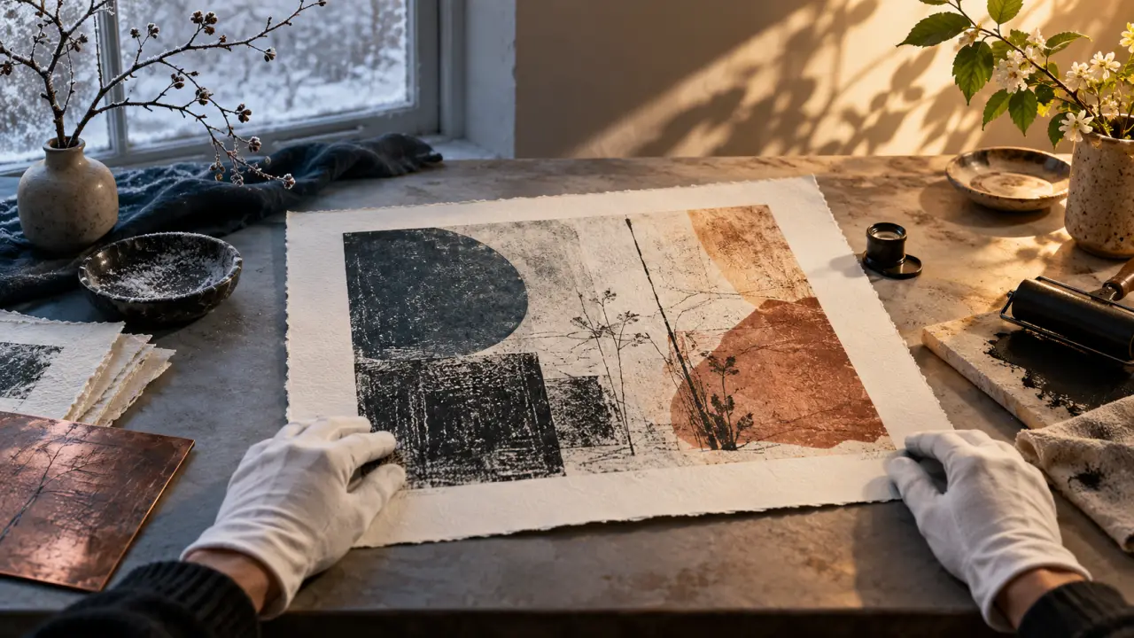 Presse à graver et estampe contemporaine fraîchement imprimée dans un atelier