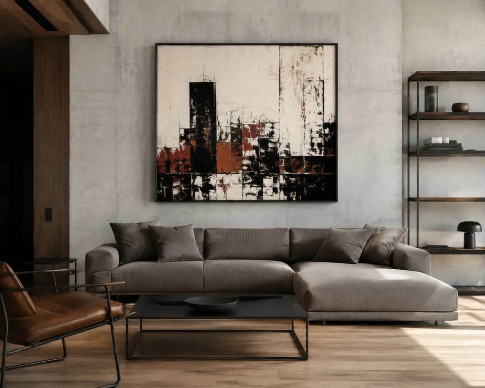 Affiche street art dans un salon contemporain au-dessus d’un canapé
