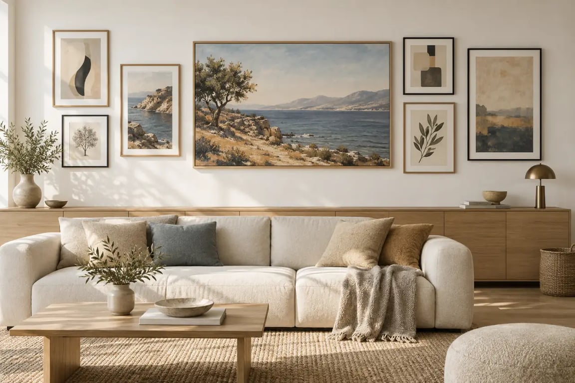 Tableau décoration mural et mur de cadres au-dessus d'un canapé