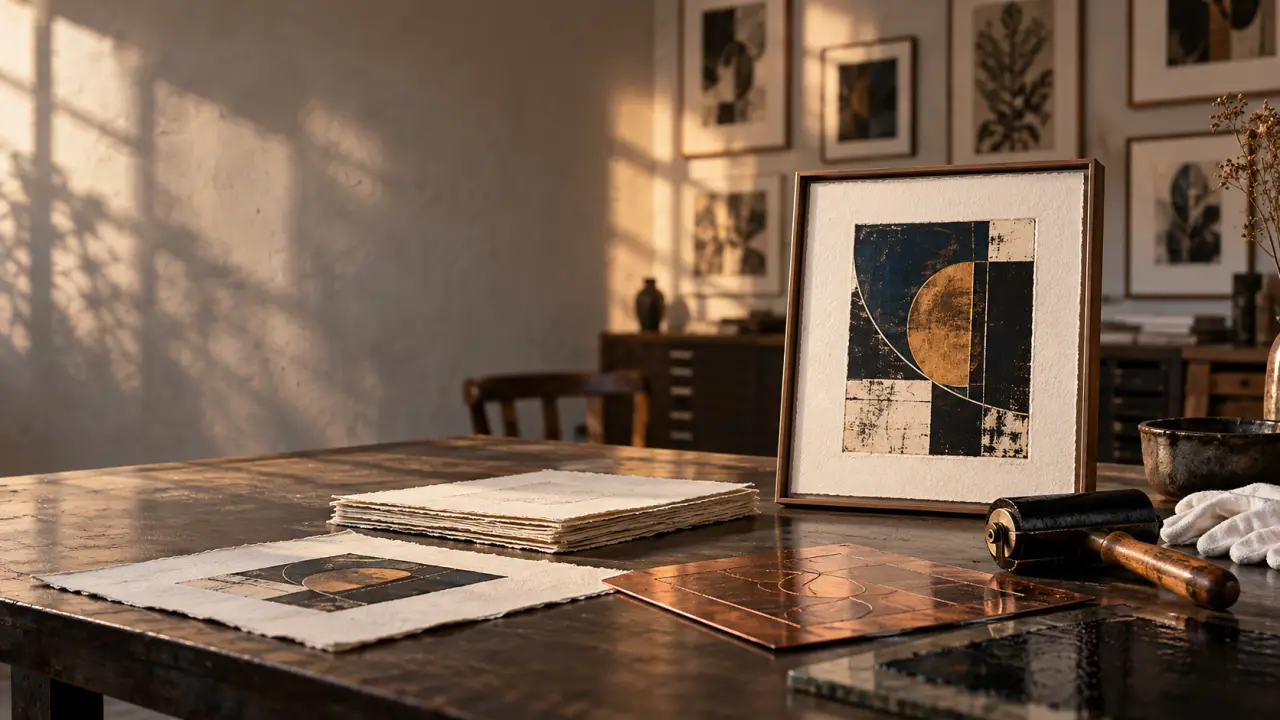Presse à graver et estampe contemporaine fraîchement imprimée dans un atelier