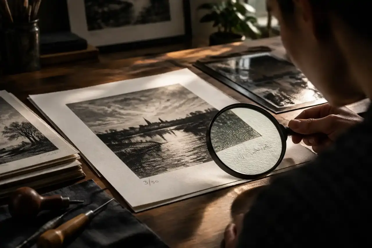 Estampe contemporaine signée posée près d'une presse de gravure