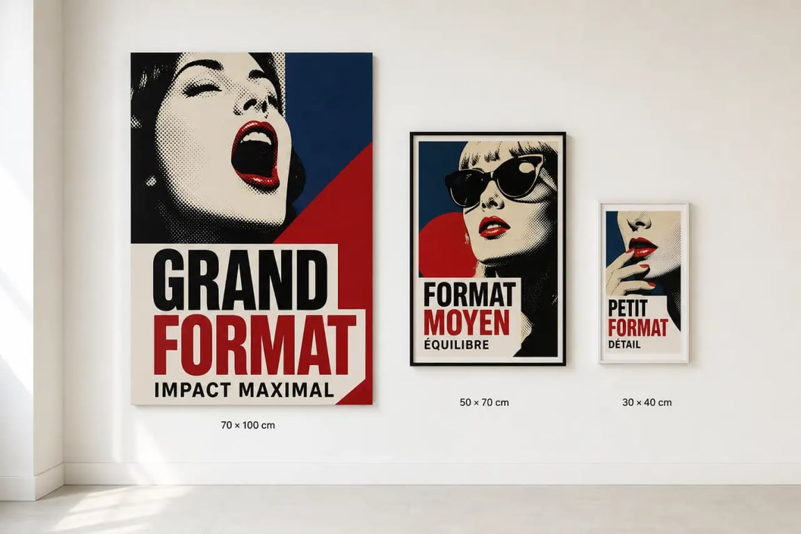 Comparaison de formats d’affiche pop art avec et sans cadre sur un mur galerie