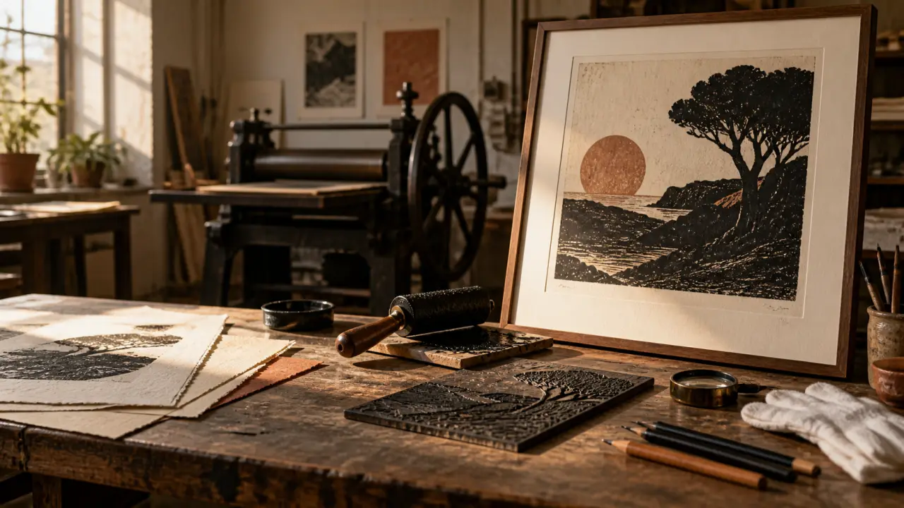 Presse à graver et estampe fraîchement imprimée dans un atelier