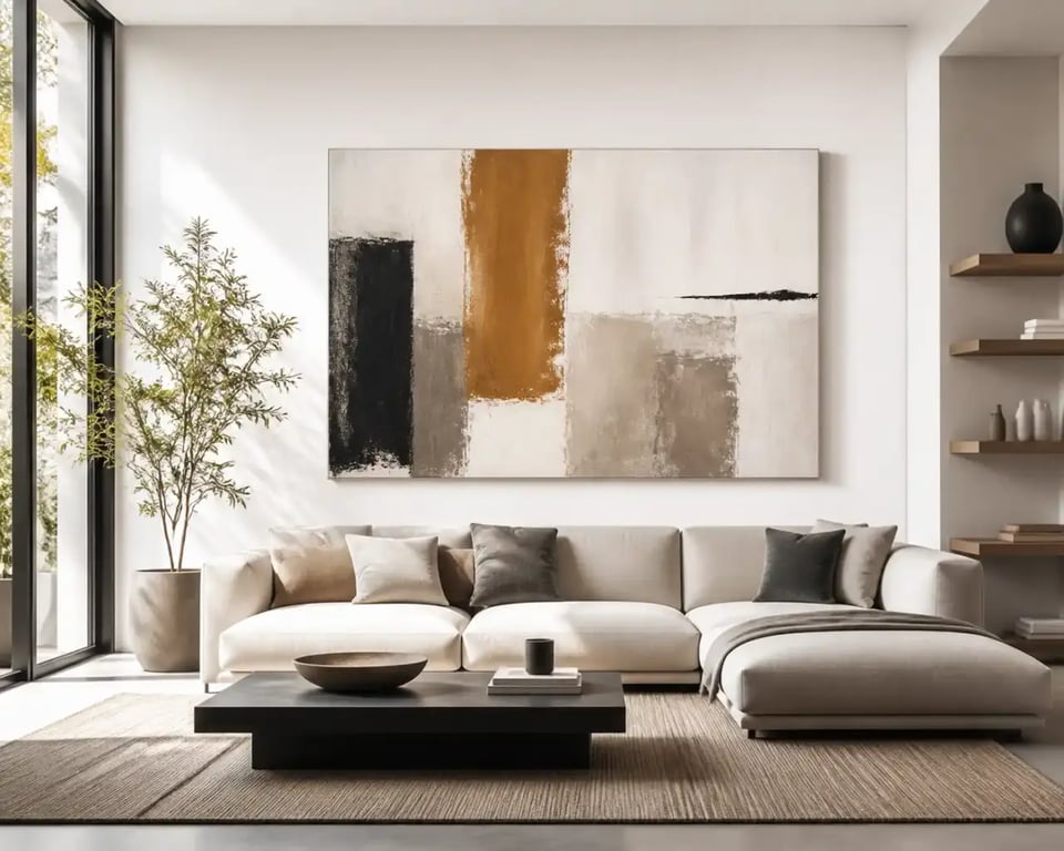 Déco toile grand format dans un salon lumineux au-dessus d’un canapé