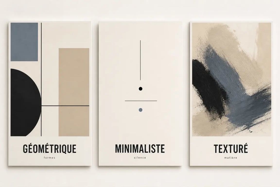 Affiche art abstrait : comparaison visuelle de styles géométrique, minimaliste et texturé dans une mise en page éditoriale sobre