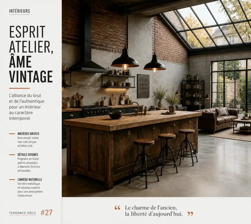 Salon en déco vintage industriel avec bois brut, métal noir et verrière