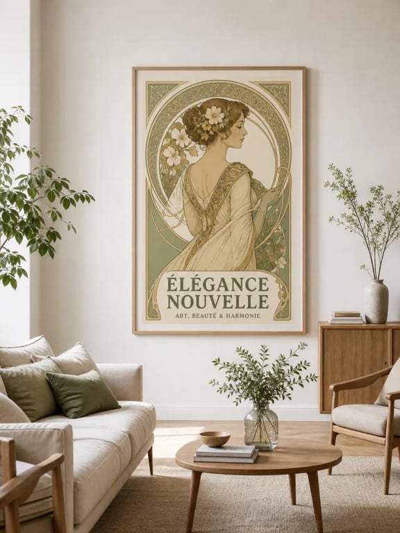 Affiche art nouveau encadrée dans un salon décoré avec des tons doux et des matières naturelles