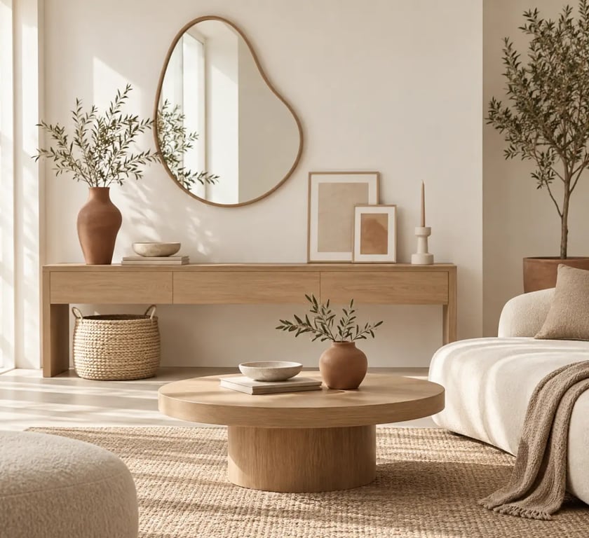 Objets déco harmonieusement disposés dans un salon avec vase, miroir, panier et bougeoir