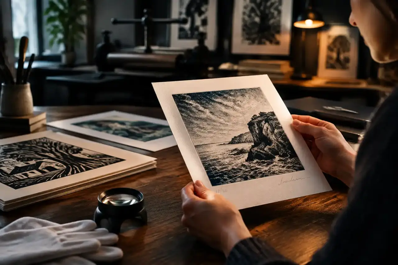 Estampe contemporaine signée posée près d'une presse de gravure