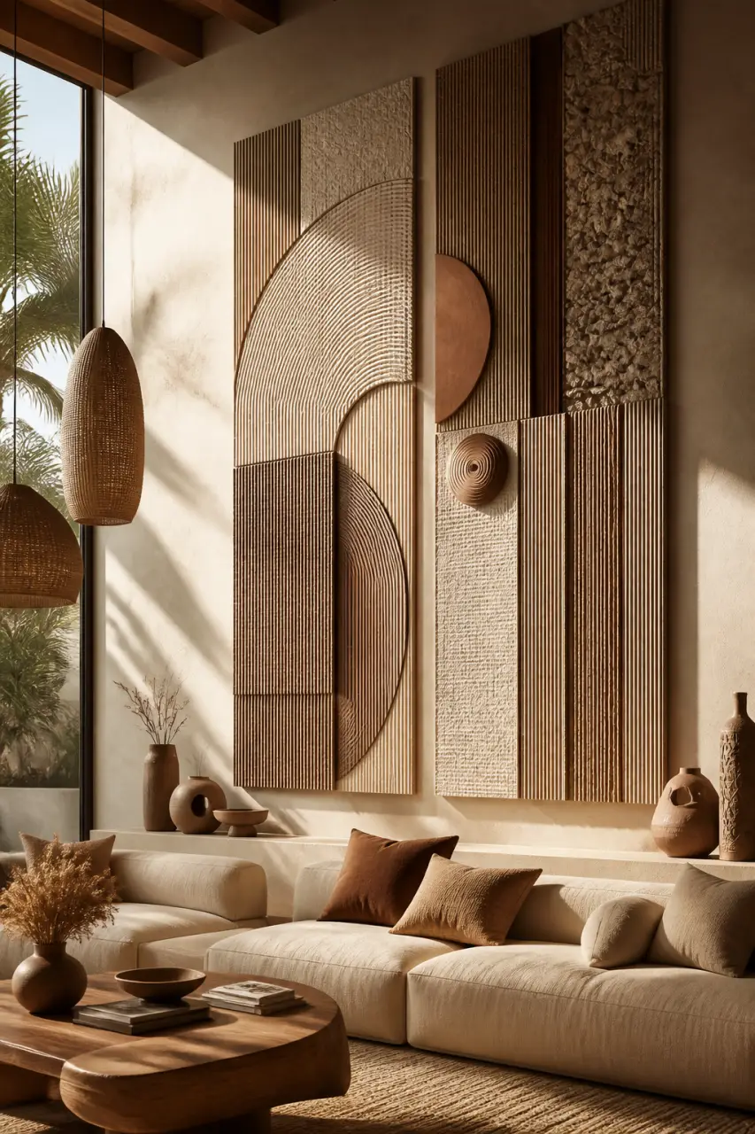 Grand format, relief et matières : la décoration murale de salon tendance qui change un mur