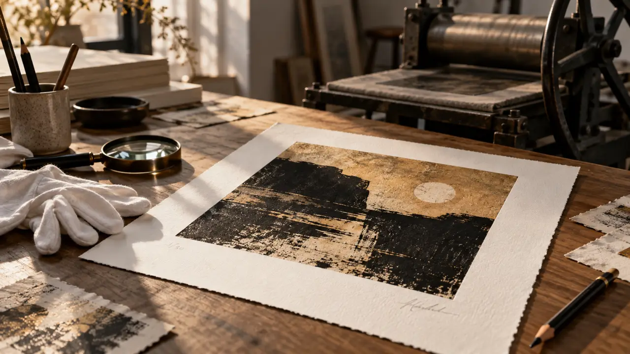 Estampe contemporaine posée près d'une presse de gravure dans un atelier