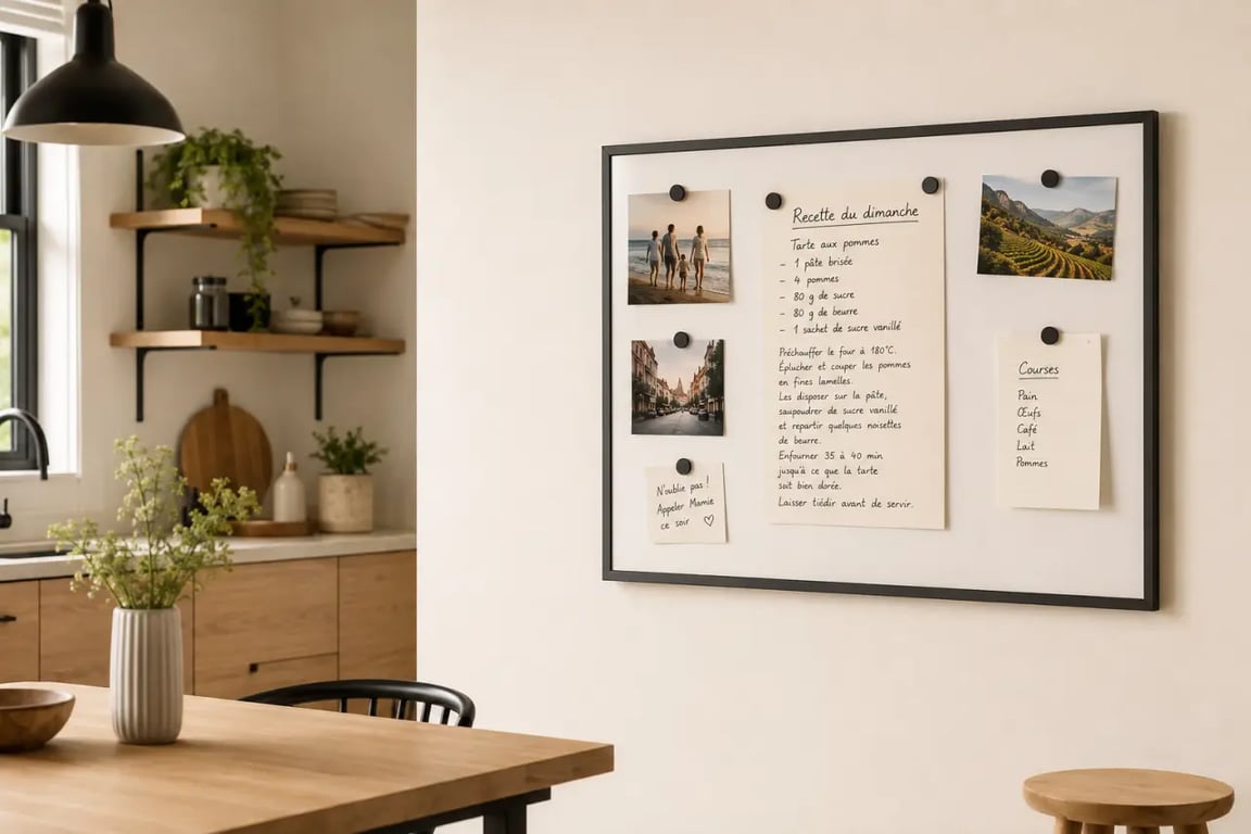 Tableau aimanté décoration dans une cuisine moderne avec notes, photos et magnets, intégré au mur comme objet déco.