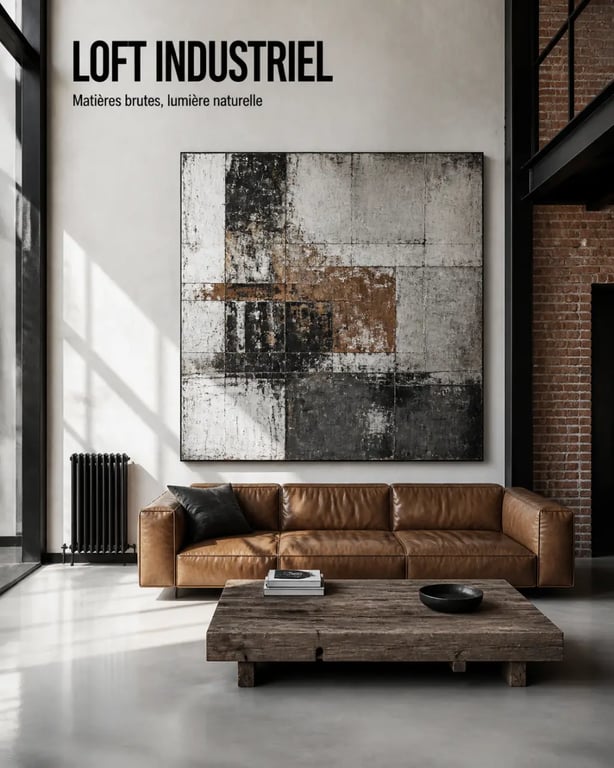 Tableau industriel dans un salon loft contemporain avec canapé en cuir et murs en briques