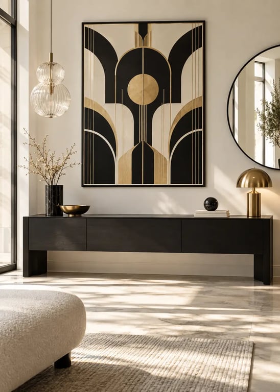 Affiche art deco encadrée dans un intérieur contemporain