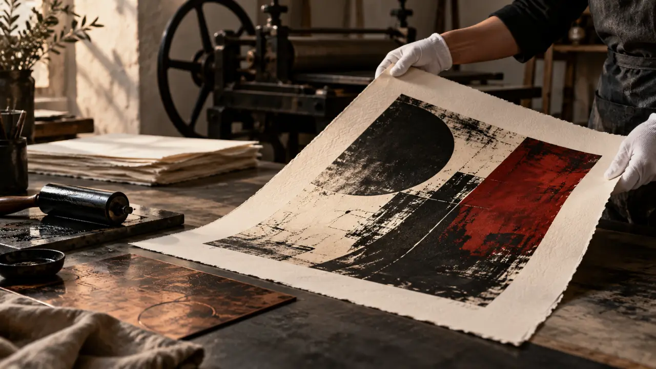 Presse à graver et estampe contemporaine fraîchement imprimée dans un atelier