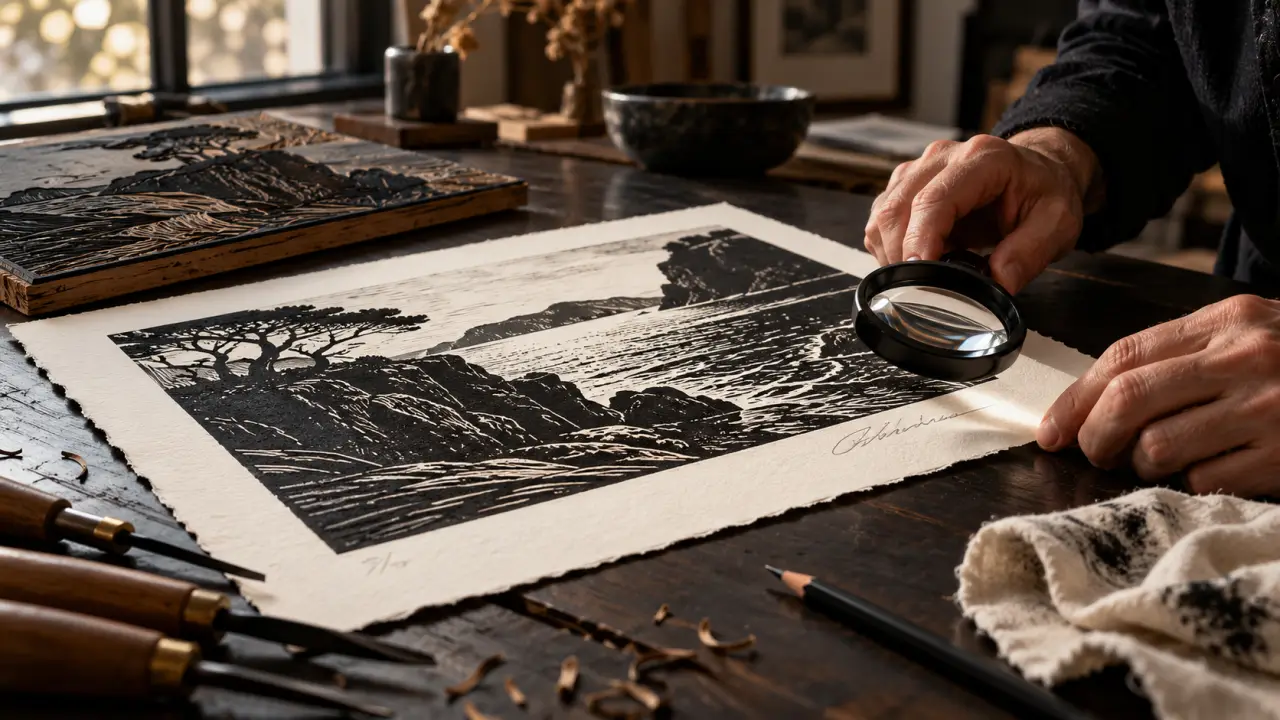 Linogravure contemporaine signée sur papier d'art, présentée dans un atelier