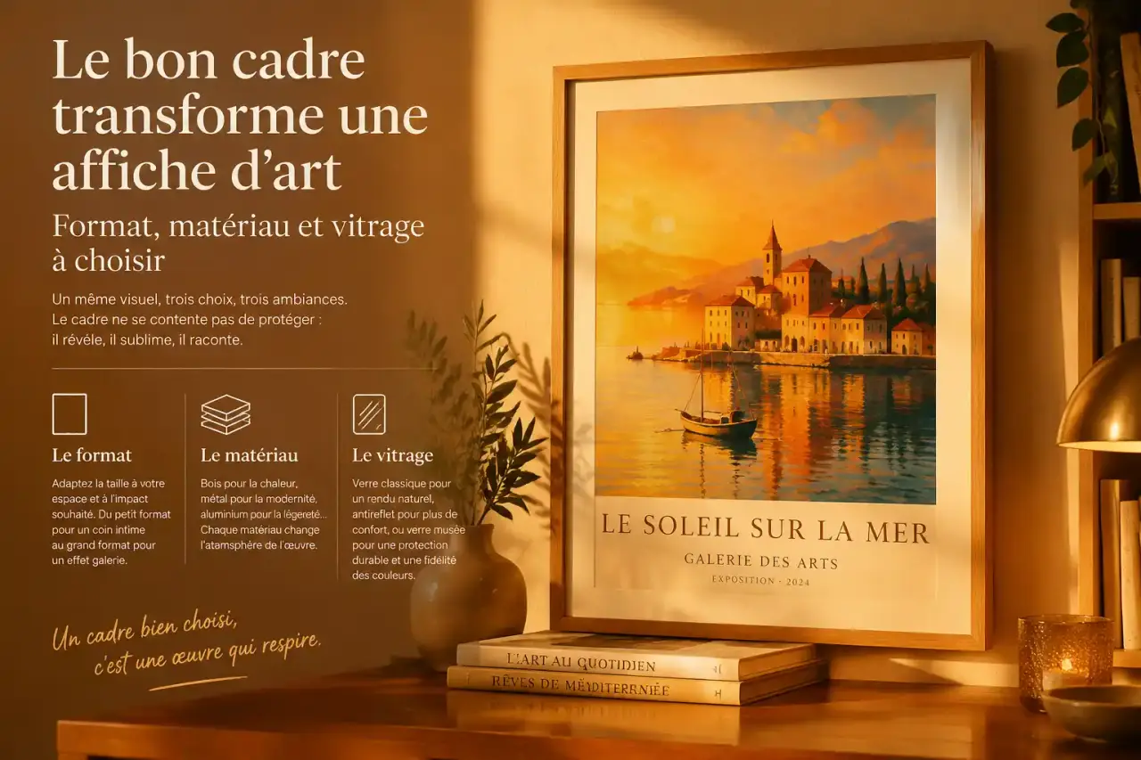 Le bon cadre transforme une affiche d’art : format, matériau et vitrage à choisir