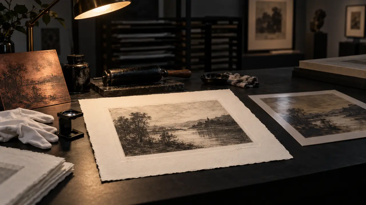 Presse traditionnelle et estampe fraîchement imprimée dans un atelier de gravure