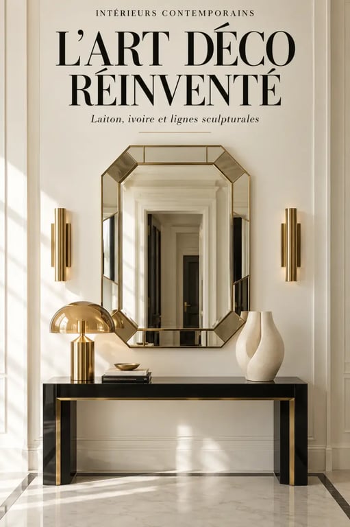 Objets Art déco mis en scène dans une entrée contemporaine avec miroir, lampe et vase